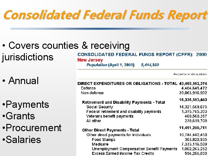 Consolidated Federal Funds Report • Covers counties & receiving jurisdictions • Annual • Payments