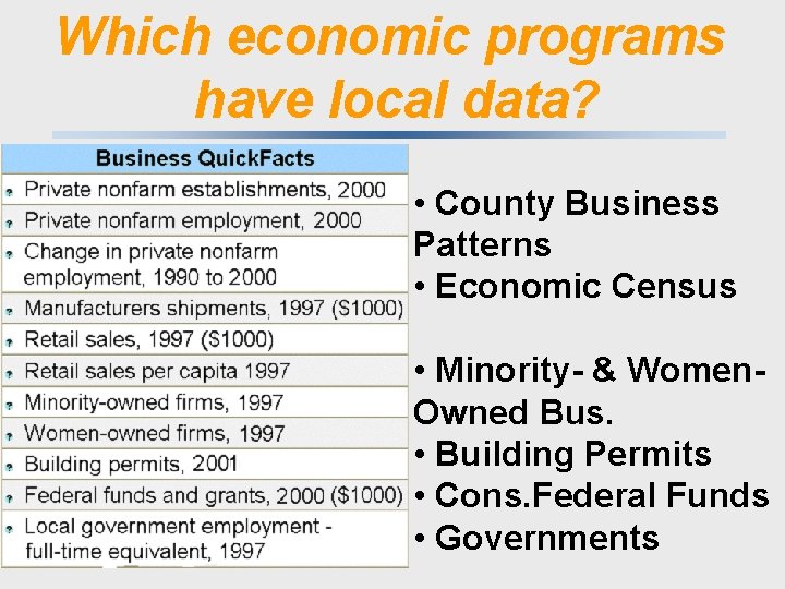 Which economic programs have local data? • County Business Patterns • Economic Census •