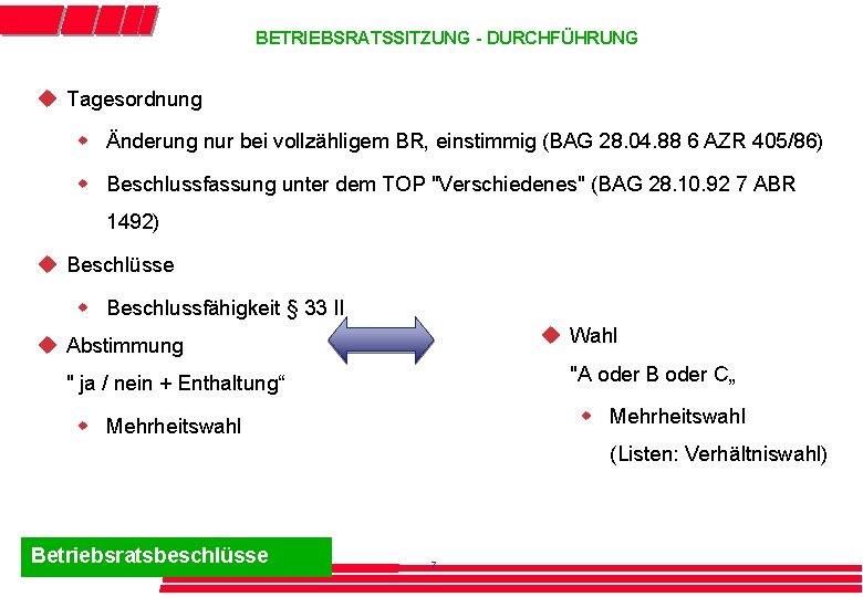 BETRIEBSRATSSITZUNG - DURCHFÜHRUNG u Tagesordnung w Änderung nur bei vollzähligem BR, einstimmig (BAG 28.