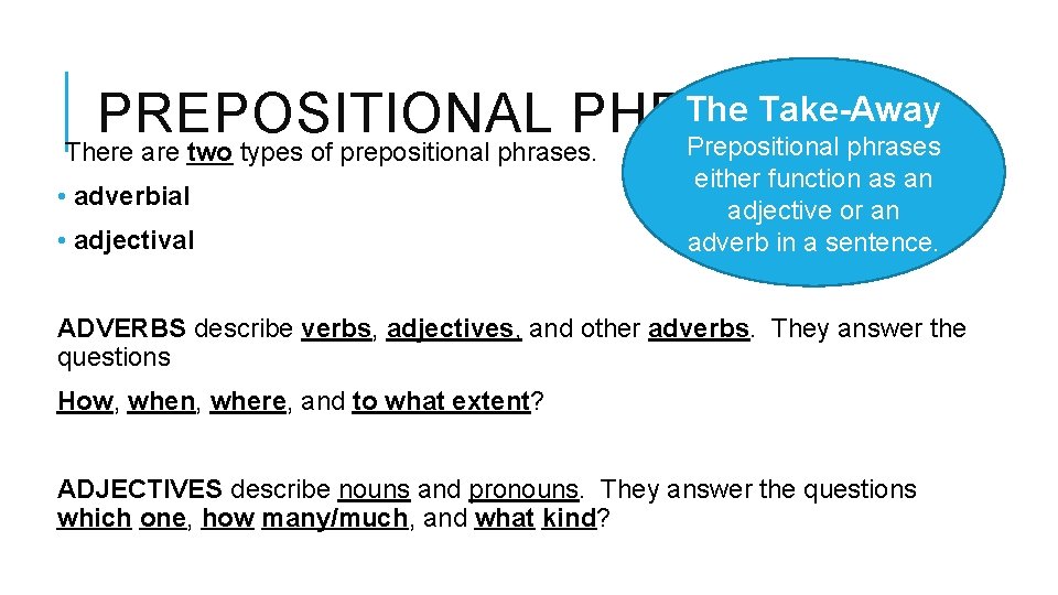 The Take-Away PREPOSITIONAL PHRASES Prepositional phrases There are two types of prepositional phrases. •