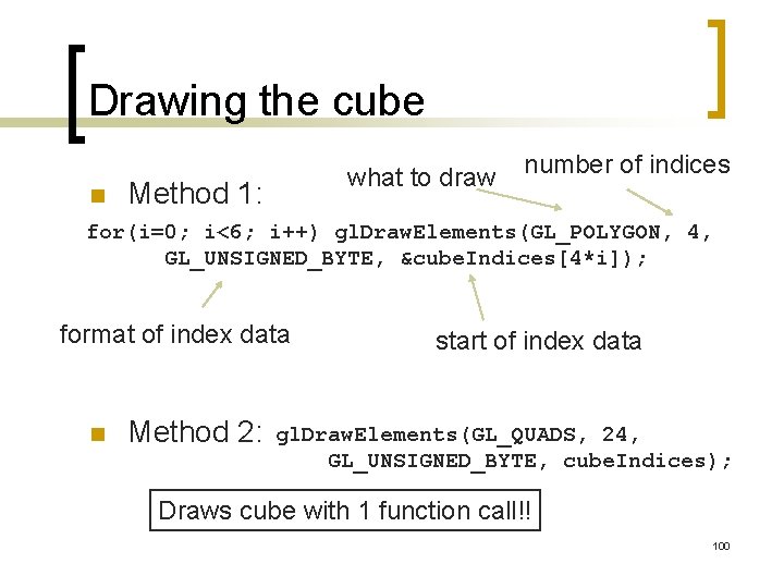 Drawing the cube n what to draw Method 1: number of indices for(i=0; i<6;