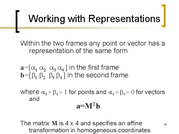 Working with Representations Within the two frames any point or vector has a representation