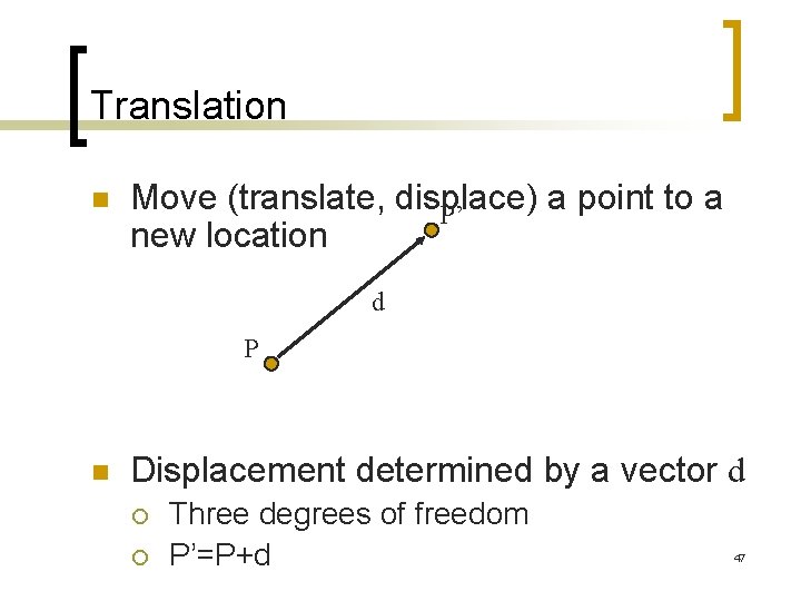 Translation n Move (translate, displace) a point to a P’ new location d P