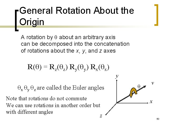 General Rotation About the Origin A rotation by q about an arbitrary axis can