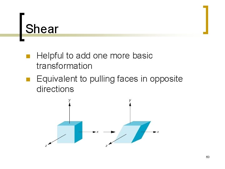 Shear n n Helpful to add one more basic transformation Equivalent to pulling faces