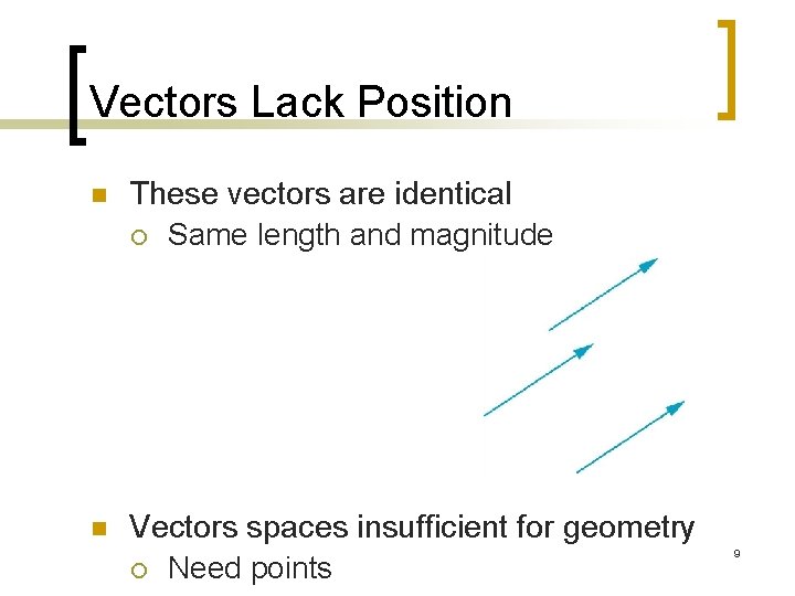 Vectors Lack Position n These vectors are identical ¡ Same length and magnitude n