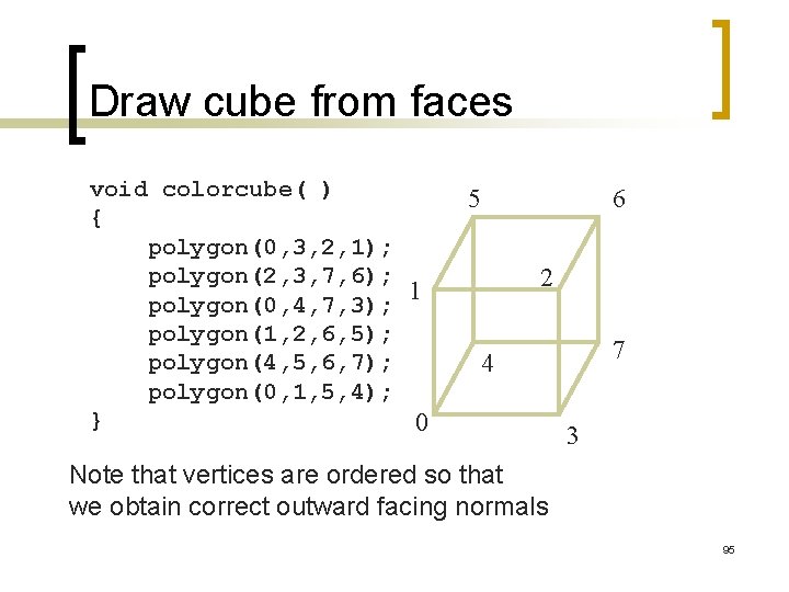 Draw cube from faces void colorcube( ) { polygon(0, 3, 2, 1); polygon(2, 3,