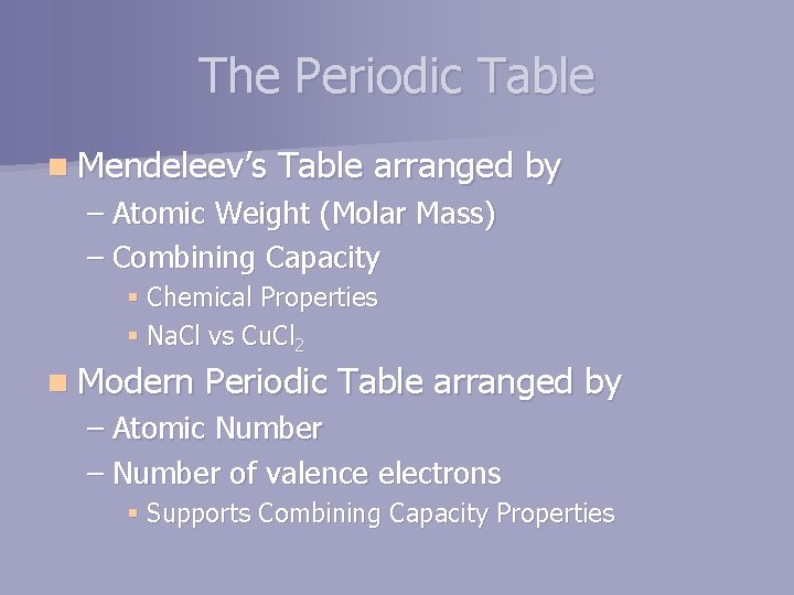 The Periodic Table n Mendeleev’s Table arranged by – Atomic Weight (Molar Mass) –
