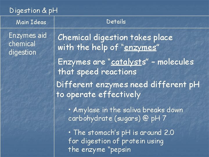 Digestion & p. H Main Ideas Enzymes aid chemical digestion Details Chemical digestion takes