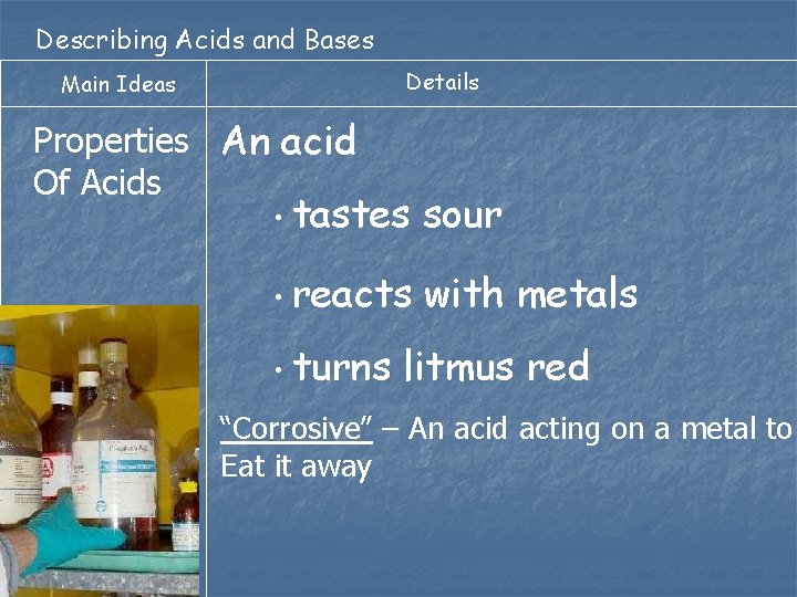 Describing Acids and Bases Details Main Ideas Properties An acid Of Acids • tastes