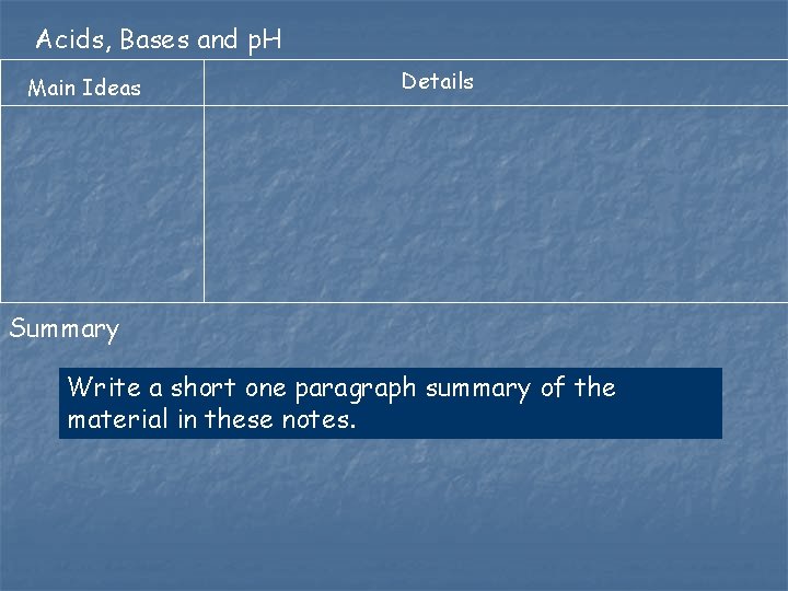 Acids, Bases and p. H Main Ideas Details Summary Write a short one paragraph