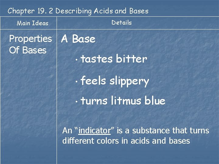 Chapter 19. 2 Describing Acids and Bases Details Main Ideas Properties A Base Of