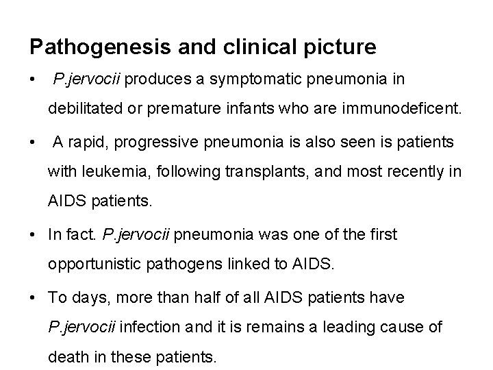 Pathogenesis and clinical picture • P. jervocii produces a symptomatic pneumonia in debilitated or