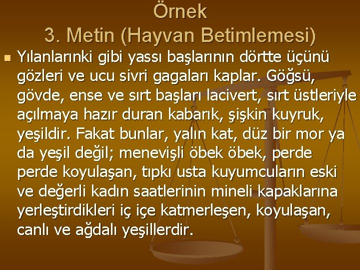 Örnek 3. Metin (Hayvan Betimlemesi) n Yılanlarınki gibi yassı başlarının dörtte üçünü gözleri ve