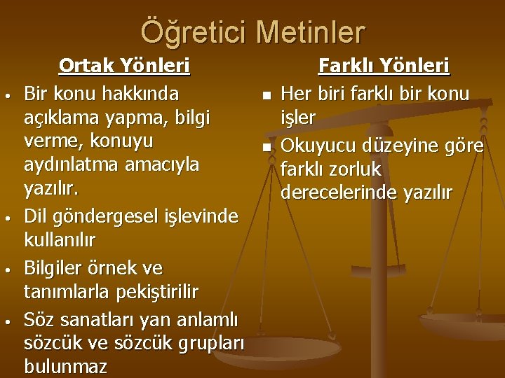 Öğretici Metinler • • Ortak Yönleri Bir konu hakkında açıklama yapma, bilgi verme, konuyu