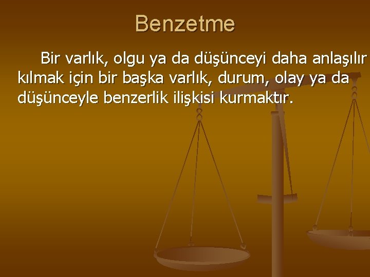 Benzetme Bir varlık, olgu ya da düşünceyi daha anlaşılır kılmak için bir başka varlık,