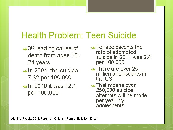 Health Problem: Teen Suicide 3 rd leading cause of death from ages 1024 years.