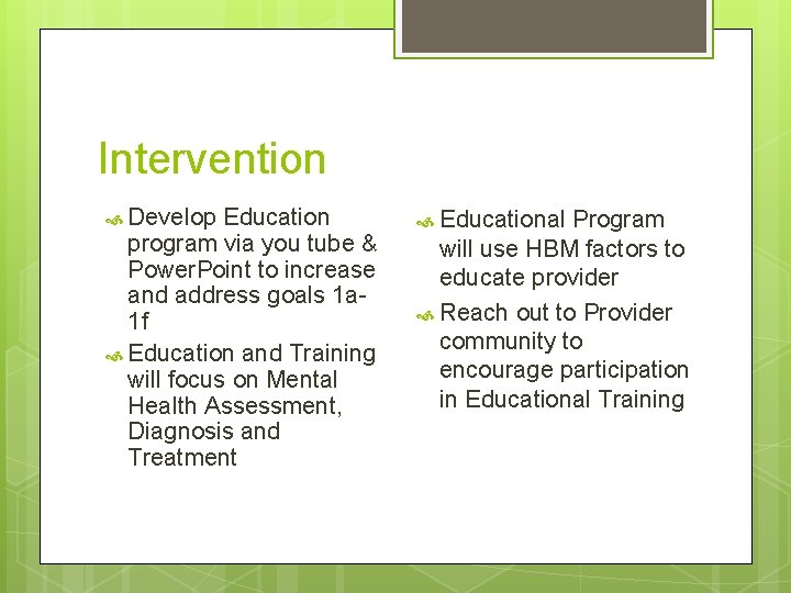 Intervention Develop Education program via you tube & Power. Point to increase and address
