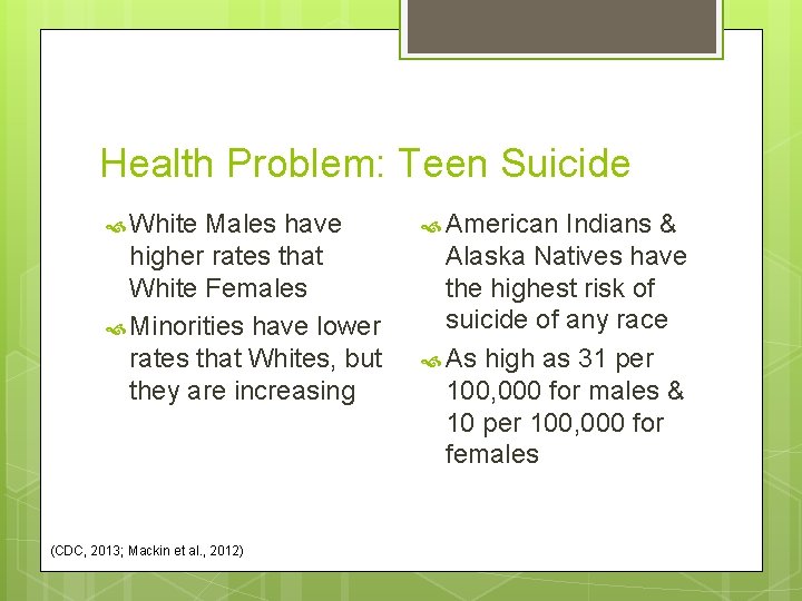 Health Problem: Teen Suicide White Males have higher rates that White Females Minorities have