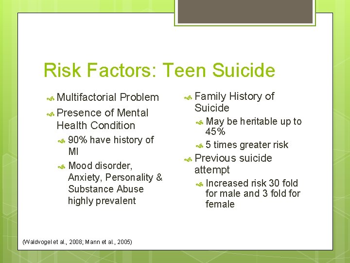 Risk Factors: Teen Suicide Multifactorial Problem Presence of Mental Health Condition 90% have history