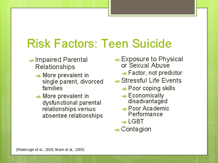 Risk Factors: Teen Suicide Impaired Parental Relationships More prevalent in single parent, divorced families