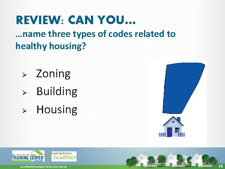 REVIEW: CAN YOU… …name three types of codes related to healthy housing? Ø Ø