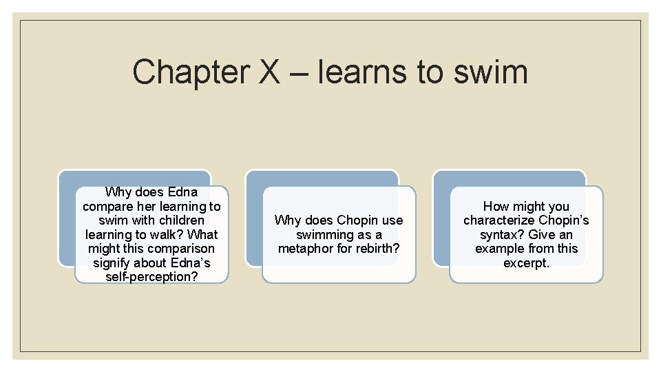 Chapter X – learns to swim Why does Edna compare her learning to swim