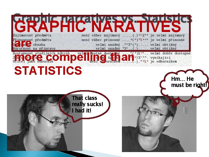 Graphic narratives vs. Statistics GRAPHIC NARATIVES are more compelling than STATISTICS That class really