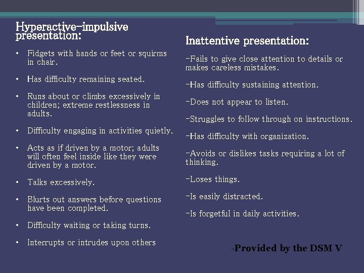 Hyperactive-impulsive presentation: • Fidgets with hands or feet or squirms in chair. • Has