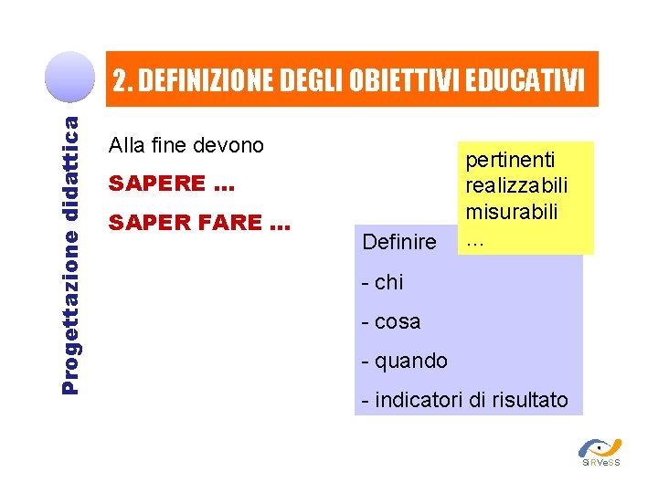 Progettazione didattica 2. DEFINIZIONE DEGLI OBIETTIVI EDUCATIVI Alla fine devono SAPERE … SAPER FARE