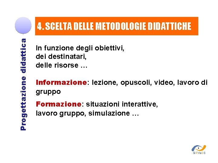 Progettazione didattica 4. SCELTA DELLE METODOLOGIE DIDATTICHE In funzione degli obiettivi, dei destinatari, delle