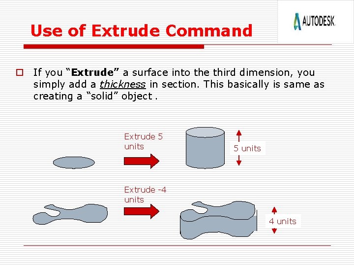 Use of Extrude Command o If you “Extrude” a surface into the third dimension,