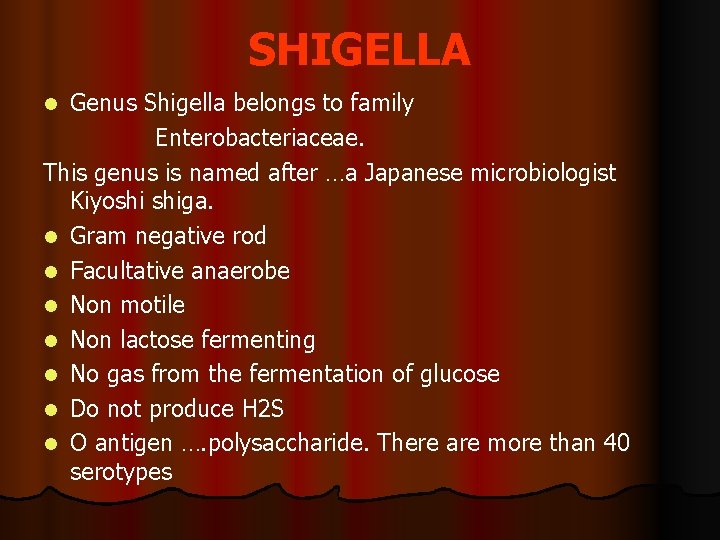SHIGELLA Genus Shigella belongs to family Enterobacteriaceae. This genus is named after …a Japanese