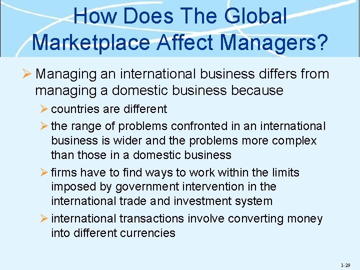 How Does The Global Marketplace Affect Managers? Ø Managing an international business differs from