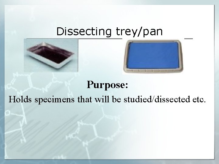 Dissecting trey/pan Purpose: Holds specimens that will be studied/dissected etc. Dissecting trey/pan Purpose: Holds specimens that will be studied/dissected etc.