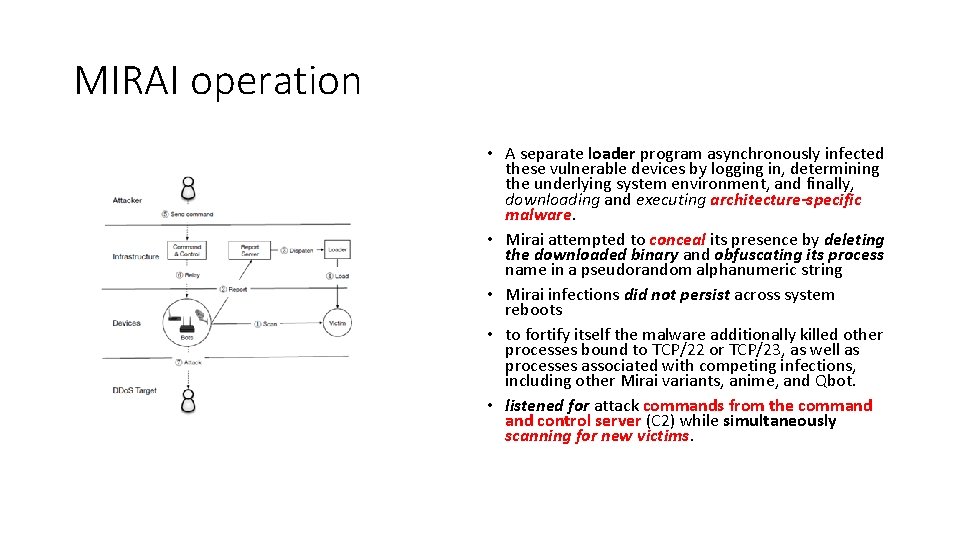 MIRAI operation • A separate loader program asynchronously infected these vulnerable devices by logging