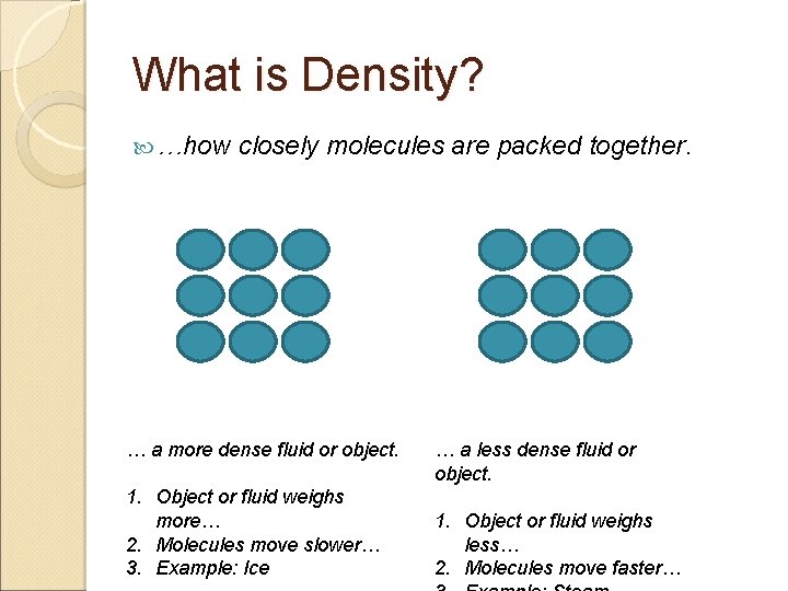 What is Density? …how closely molecules are packed together. … a more dense fluid