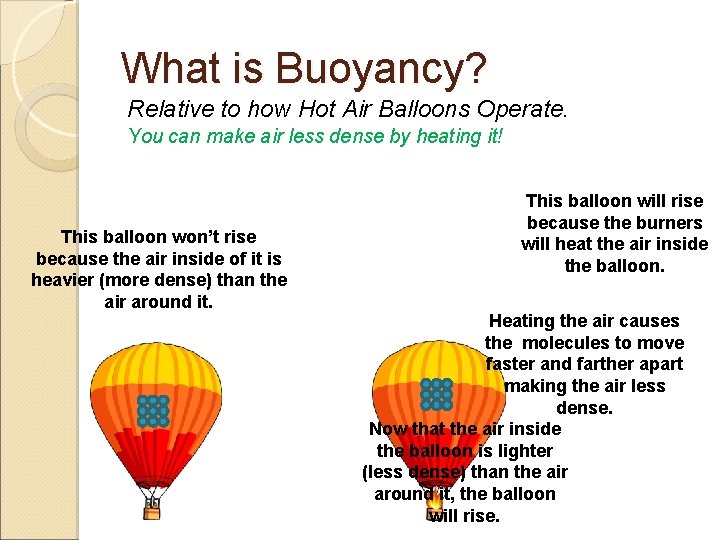 What is Buoyancy? Relative to how Hot Air Balloons Operate. You can make air