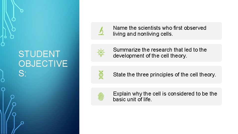 Name the scientists who first observed living and nonliving cells. STUDENT OBJECTIVE S: Summarize