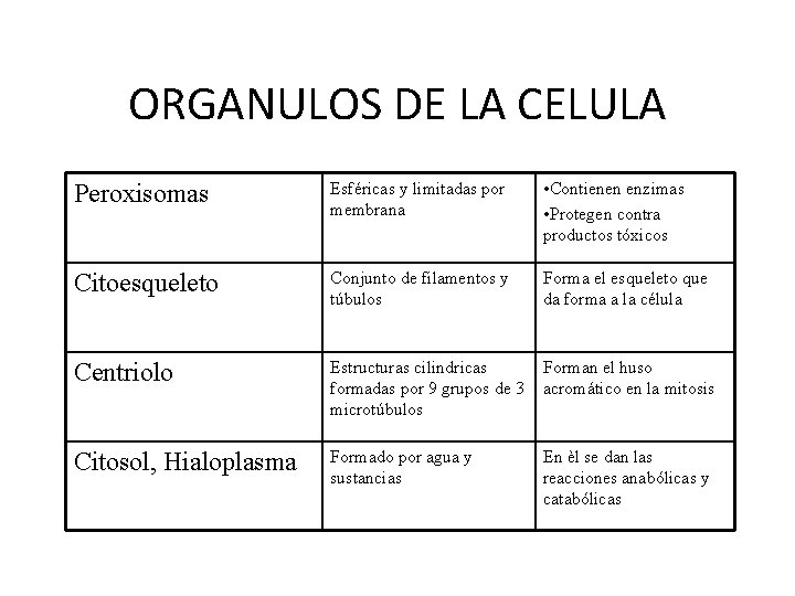 ORGANULOS DE LA CELULA Peroxisomas Esféricas y limitadas por membrana • Contienen enzimas •