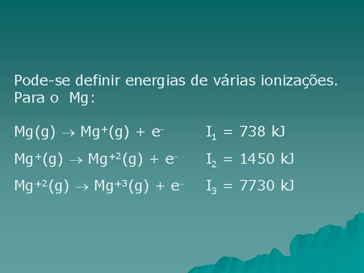 Pode-se definir energias de várias ionizações. Para o Mg: Mg(g) Mg+(g) + e I
