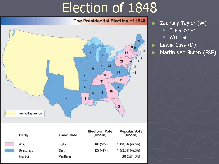 Election of 1848 ► Zachary Taylor (W) § Slave owner § War hero Lewis
