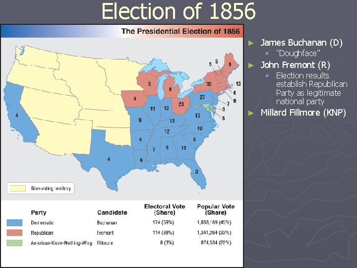 Election of 1856 ► James Buchanan (D) § “Doughface” ► John Fremont (R) §