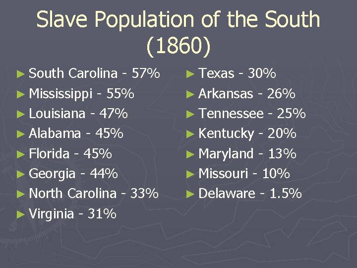 Slave Population of the South (1860) ► South Carolina - 57% ► Mississippi -
