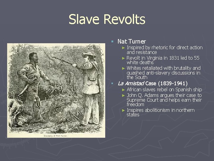 Slave Revolts § Nat Turner Inspired by rhetoric for direct action and resistance ►