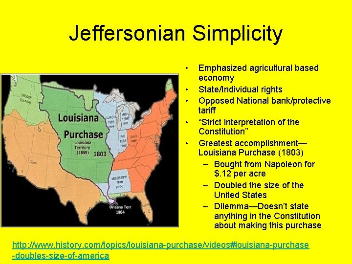 Jeffersonian Simplicity • • • Emphasized agricultural based economy State/Individual rights Opposed National bank/protective