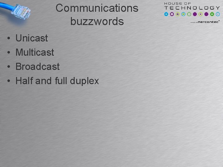 Communications buzzwords • • Unicast Multicast Broadcast Half and full duplex Communications buzzwords • • Unicast Multicast Broadcast Half and full duplex