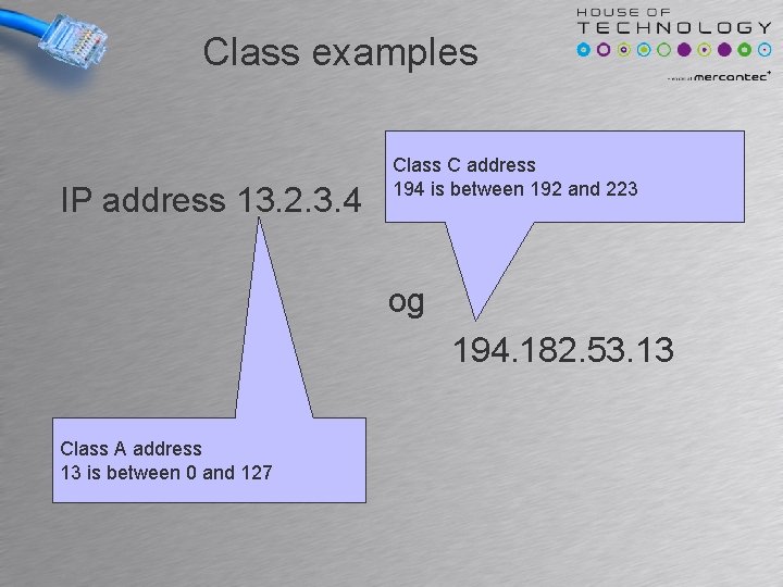 Class examples IP address 13. 2. 3. 4 Class C address 194 is between Class examples IP address 13. 2. 3. 4 Class C address 194 is between