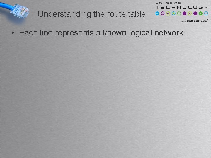 Understanding the route table • Each line represents a known logical network Understanding the route table • Each line represents a known logical network