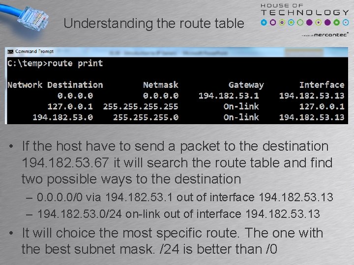 Understanding the route table • If the host have to send a packet to Understanding the route table • If the host have to send a packet to